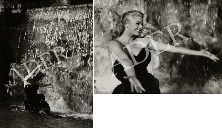 La Dolce Vita, 1960. De Federico Fellini, avec Anita Ekberg, Marcello Mastroianni et Magali Noël. Dix épreuves argentiques d'époque par Pierluigi, Elio Sorci et divers. Tampon du film, tampon Pierluigi et tampons de presse aux versos. Formats : 24 x 18 et 27 x 21 cm.