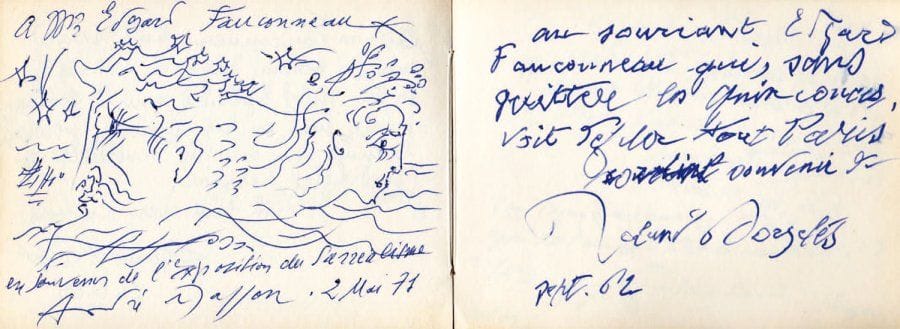 LIVRE D'OR. Album d'autographes d'Edgard Faucouneau, 1956-1972 ; oblong in-12, 59 ff., relié moleskine rouge avec encadr. doré (étui). Edgard Fauconneau a fait signer et écrire dans son carnet les hôtes prestigieux de l'Hôtel Splendid à Bordeaux : René Coty, le comte de Paris, Denise Grey, Pierre Dac, Juliette Gréco (avec petit dessin), Pierre Blanchar, Danièle Delorme, Victor Francen, Mendès-France, Louison Bobet, Jean Marais, Elvire Popesco,Roberto Benzi, Josephine Baker, Jean-Louis Barrault, Jules Romains, Victoria de Los Angeles, Patachou, Maurice Druon, Arthur Rubinstein, Édith Piaf, Fernandel, Raf Vallone, Martine Carol, Jean Anouilh, André Maurois, Gaby Morlay, Danielle Darrieux, Michèle Morgan, Georges Brassens, Roland Dorgelès, Françoise Sagan, Raymond Oliver, François Mauriac, etc., avec quelques dessins, notamment par Chapelain-Midy et par André Masson.