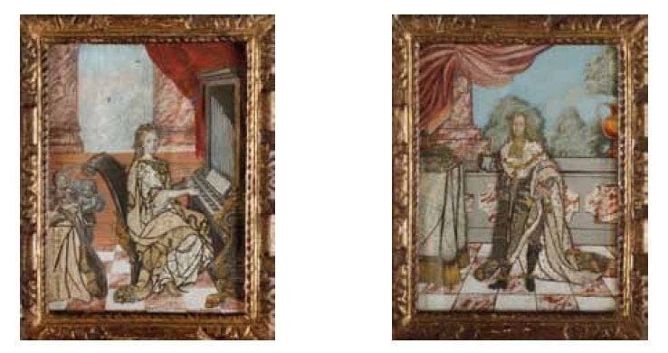 Ecole française du début du XVIIIe siècle
Femme au clavecin et portrait d'homme. Paire de gouaches et collages de gravures découpées, tissus, filets d'or et d'argent. Cadre en bois dorés sculpté. 24 x 18 cm