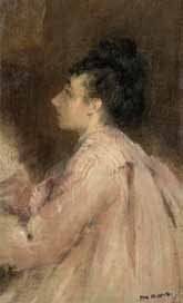 Eva GONZALES (1849-1883)
Femme en rose de profil. Huile sur toile. Porte le timbre de l'atelier en bas à droite. 21 x 13 cm. Provenance : Succession M