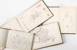 Eva GONZALES (1849-1883)
Botanique, la France par départements et Perspective. Deux carnets de dessins au crayon noir ou à l'encre rehaussés de couleurs, la plupart annotés à l'encre, portent le timbre de l'atelier en première page. 19 x 12 cm - 16 x 24 cm. Provenance : Succession M