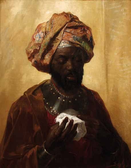Pierre Marie BEYLE (1838-1902)
Noir au turban, 1873 Huile sur toile, signée et datée en bas, à droite 73 x 59 cm. Peintre lyonnais, Pierre Marie BEYLE, à l'oeuvre très variée, effectue plusieurs voyages en Algérie entre 1867 et 1880 dont il rapporte de nombreux tableaux, certains seront exposés au Salon, notamment en 1877 et 1878