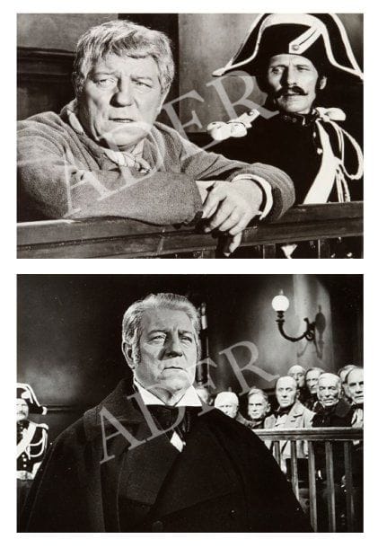 Les misérables, 1958. De Jean-Paul Le Chanois, avec Jean Gabin, Bourvil, Bernard Blier, Serge Reggiani, Béatrice Altariba et Giani Esposito. 14 épreuves argentiques d'époque. Tampon de presse et tampon du film (1) aux versos. Formats : 12,5 x 17,5 et 24 x 18 cm.