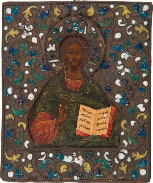 ICÔNE du Christ Pantocrator. XVIIIe siècle
Oklad en cuivre et émail cloisonné.
12x10cm


Икона Спаса Вседержителя. XVIII век.
Оклад: медь, перегородчатая эмаль.

Размер : 12 х 10 см