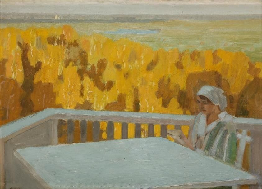 Nikolaï Petrovitch KRYMOV (1884-1958)
Soir d'automne. Portrait de Mamontova. 1918
Huile sur toile marouflée sur carton.
Signée et datée en bas à gauche. Titrée au dos.
26x34,5cm
L'adolescente représentée est très probablement de la petite-fille de Savva Ivanovitch Mamontov, fille de son troisième fils Vsevolod, Sophia Vsevolodovna (1904 - 1991) qui a épousé en 1924 Oleg Vassilievitch Volkov.
Ce tableau a sans doute été peint au domaine de Vsevolod Mamontov, ami de Krymov, dans le gouvernement de Riazan (village de Gorki du district d'Egorievsk, entre le lac Ivanovskoe et la rivière Pra, affluent de l'Oka) où Krymov a séjourné et peint les étés 1917 et 1918.

 
Николай Петрович КРЫМОВ (1884 - 1958)
Осенний вечер. Портрет Мамонтовой. 1918
Холст, масло. Холст наклеен на картон.
Подпись и дата внизу слева. Название на обороте.
26 х 34,5 см
По всей вероятности, на портрете изображена София, внучка Саввы Ивановича Мамонтова, дочь его третьего сына Всеволода. София Всеволодовна (1904 - 1991), в браке с 1924 г. с Олегом Васильевичем Волковым. Картина, наверное, написана в имении Всеволода Саввича Мамонтова в Рязанской губернии (деревня Горки в Егорьевском уезде, между озером Ивановским и рекой Прой).
1 - «Лето 1917-1918 годов вся семья Крымова (он, жена, сестра, племянники) проводила в Рязанской губернии в имении Всеволода Мамонтова, друга Николая Петровича. Обычно, выбирая жилье на лето, художник всегда стремился найти дом, в котором был бы балкон на втором этаже, откуда удобно писать пейзажи». Из статьи «Секреты тональной живописи Николая Крымова. Уроки мастерства» (автор текста - Валентина Бялик).
2 - (Крымова Е. Н.) Моя жизнь с Крымовым Н. П. : «В 1918 году жили под Рязанью на Оке». Из книги «Николай Петрович Крымов, художник и педагог. Статьи, воспоминания». Москва, 1960.
3 - С.В. Разумовская. Н.П. Крымов «В 1918 году Крымов работал в Горках Рязанской губернии». Там же.