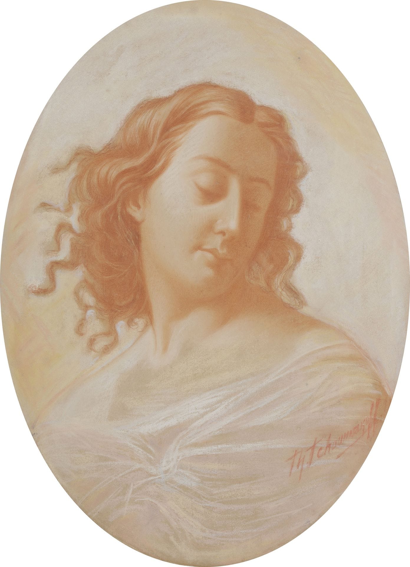 Théodore TCHOUMAKOFF (1823-1911)
Tête de jeune femme échevelée, tournée vers la droite, les yeux clos
Sanguine et pastel.
Signée en bas à droite.
Ovale de 39,5x29cm


Федор Петрович ЧУМАКОВ (1823 - 1911)
Голова женщины с распущенными волосами.
Сангина и пастель.
Подпись внизу справа.
Овал 39,5 х 29 см