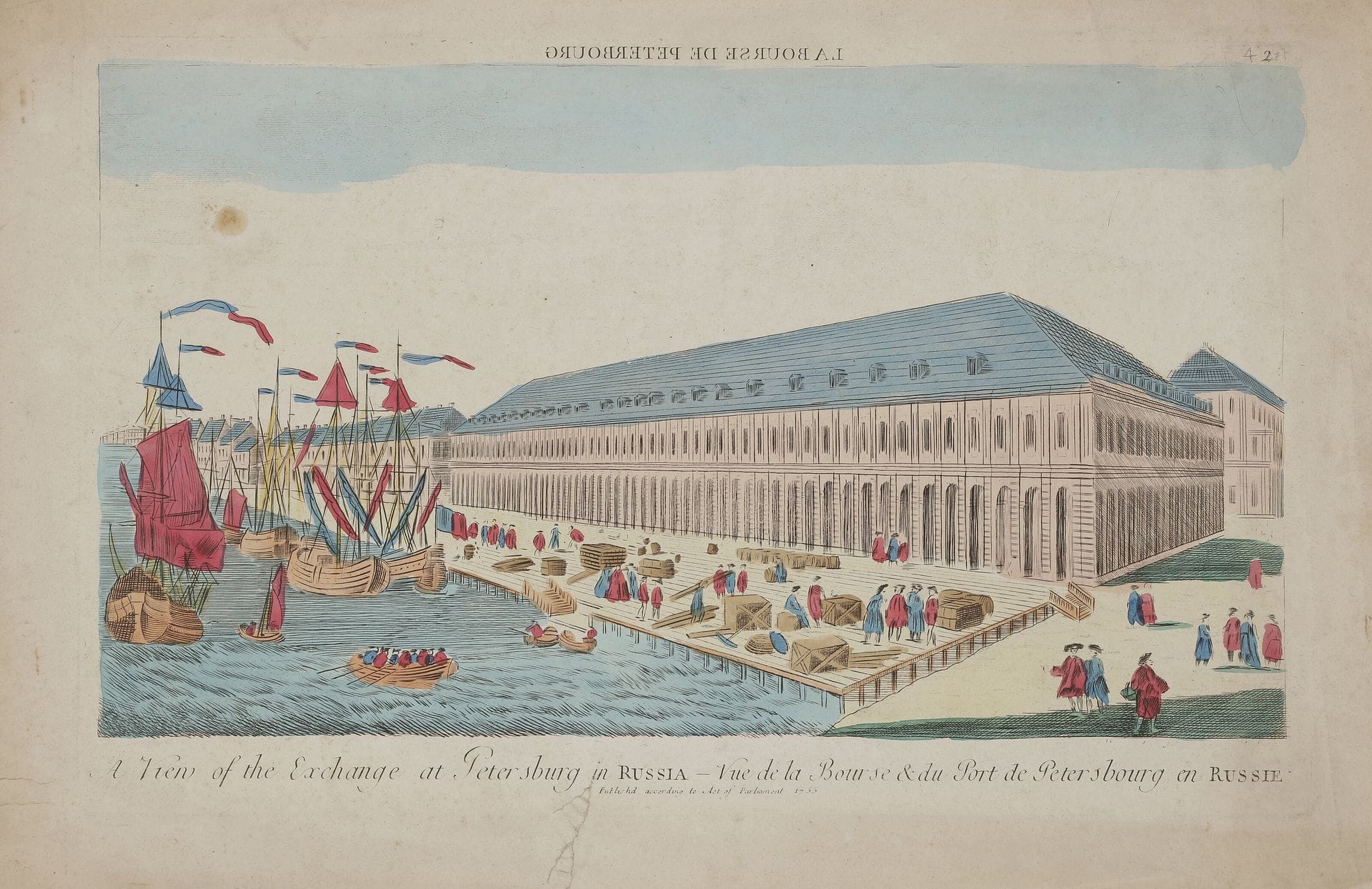 Jean-Baptiste LE PRINCE (1734-1781) [d'après]
VUE D'OPTIQUE titrée : Vue de St Pétersbourg et légendée : Prospekt von St Petersburg | Vue de St Pétersbourg. Dessinée par Le Prince et gravée par Nabholtz (Johann Christoph Nabholz 1752-1797). Fin du XVIIIe siècle.
Mikhaïl Ivanovitch MAKHAEV (1718-1770) [d'après]
Quatre vues d'optique légendées en anglais et en français :
1) Titrée : Collèges de Pétersbourg et légendée: Vue des collèges Impériaux et du magasin des marchandises de l'Orient (en russe : vu de l'est).
2) Titrée : La Bourse de Pétersbourg et légendée : Vue de la Bourse et du port de Pétersbourg en Russie. Le dessin n'est pas inversé par rapport à l'original.
3) Titrée : Vue de l'ancien Palais et légendée : Vue de l'ancien Palais d'Hiver de sa Majesté Impériale et du canal qui joint la Moika avec la Néva à St Pétersbourg. Paris, chez Jacques Chereau. Sans doute Jacques-François Chereau (1742-1794), éditeur d'estampes.
4) Idem, mais sans indication d'éditeur sur papier vergé.
Feuilles de dimensions diverses : environ 30x45cm
D'après trois des dessins de Makhaev pour l'album paru en 1753 Plan de la ville de Saint-Pétersbourg avec ses principales vues et repris par le graveur anglais Robert Sayer (1725-1794), puis par ses successeurs Robert Laurie (1755-1836) et James Whittle (1757-1818), plusieurs fois réédités dans des qualités diverses par différents éditeurs européens.
 
Набор из пяти гравюр «оптические виды». Конец XVIII в.
Жан Батист ЛЕПРЕНС  (1734 – 1781) [по рисунку]
1) Вид Санкт-Петербурга. Рисовал Лепренс и гравировал Набгольц (Иоганн Кристоф Набгольц 1752 - 1797).
Михаил Иванович МАХАЕВ (1718 - 1770) [по рисункам]
Гравюры с названиями по-французски и по-английски:
2) Проспект государственных коллегий с частью Гостиного двора с восточной стороны.
3) Вид Биржи и Гостиного двора вверх по Малой Неве реке. Рисунок не в зеркальном отражении.
4) Проспект старого Зимнего Дворца с каналом, соединяющим Мойку с Невой.
Париж, у Жака Шеро. Наверное, Жак-Франсуа Шеро (1742 - 1794), издатель гравюр.
5) То же, без указания издателя, но на бумаге верже.
Листы разного размера: в среднем 30 х 45 см
По трем рисункам Махаева из альбома, изданного в 1753, « План столичного города Санкт-Петербурга с изображением знатнейших оного проспектов, изданный трудами Императорской академии наук и художеств в Санкт-Петербурге ». Рисунки издавались позже английским гравером Робертом Сойером (1725 – 1794) и его преемниками  Робертом Лори (1755 - 1836) и Джеймсом Уайтлом (1757 – 1818) и, следом за ними, много раз переиздавались в разных качествах разными европейскими издателями.
