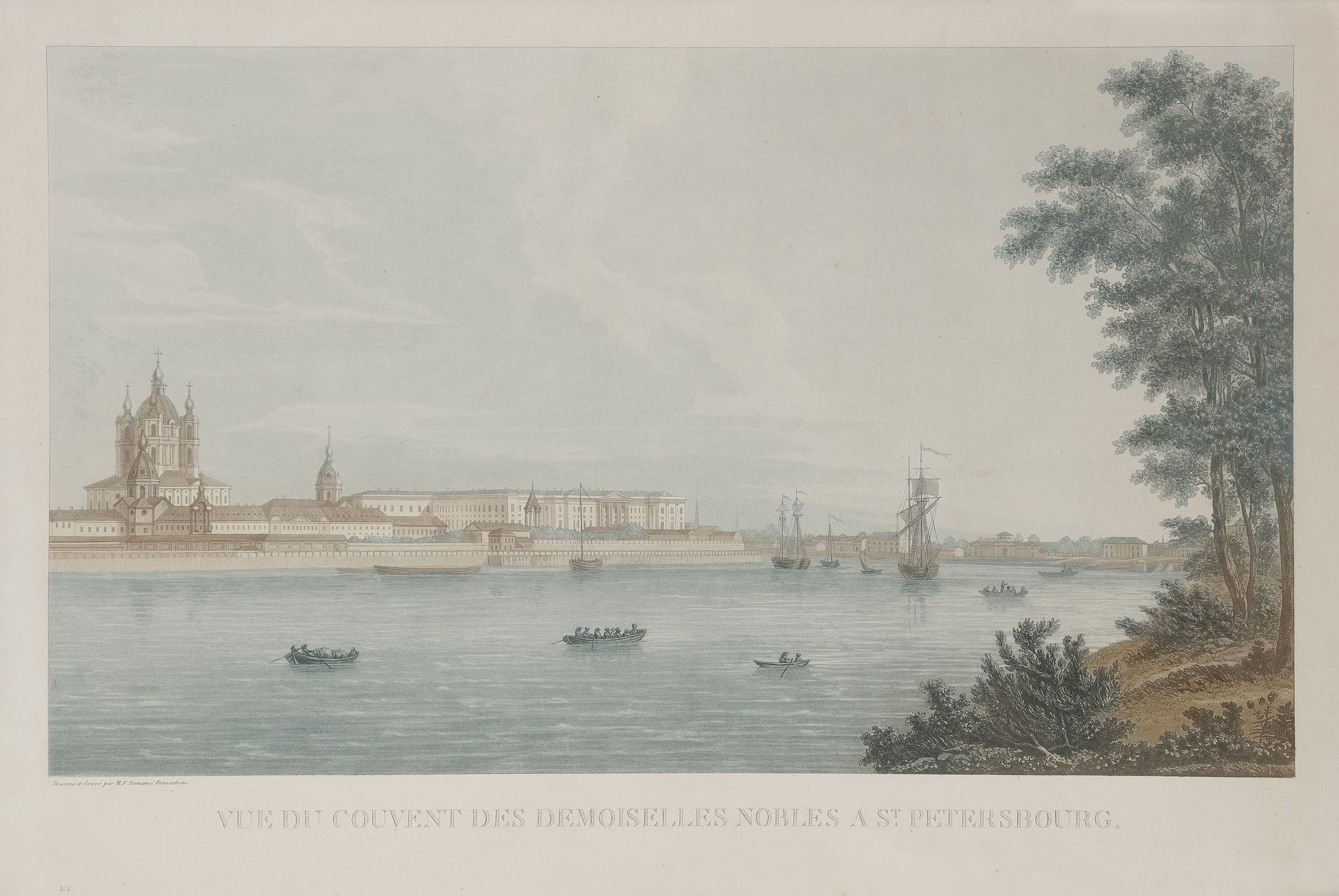 Michel-François DAMANE de MARTRAIS (DEMARTRAIS) (1763-1827)
Vue du couvent des demoiselles nobles à Saint-Pétersbourg
Aquatinte.
Dessinée et gravée par M. F. Damame Demartrais. De l'imprimerie de Bassand. [s.d.] (1813 )
32,5x55,5cm (47,5x69cm avec marges)

De 1796 à 1805, Damane de Martrais se trouvait en Russie, où il a dessiné quelques séries de vues de villes russes et de scènes de genre. À Paris, il a gravé un album de vues de Saint-Pétersbourg, Tsarskoe-Selo, Moscou et autres villes, de scènes de genre..., l'album pour lequel il a utilisé non seulement ses propres dessins, mais aussi des dessins et gravures d'autres artistes.
Cette estampe est la dix-huitième des 28 planches de l'album Vues des principales villes de Russie, costumes et usages des habitants de cet empire / Dessinés et gravés par M. F. Damame-Demartrais imprimé à Paris par de Bassand en 1813.
 
Мишель-Франсуа ДАМАМ ДЕ МАРТРЕ (ДЕМАРТРЕ) (1763 – 1827)
Вид института благородных девиц в Санкт-Петербурге.
Рисовал и гравировал М. Ф. Дамам Демартре. Типография Бассана [б.д.] (1813)
Акватинта, офорт, типографская подкраска.

32,5 х 55,5 см (лист 47,5 х 69 см)
Художник, рисовальщик и гравер, ученик известнейшего живописца Жака-Луи Давида, Дамам Демартре с 1796 по 1805 путешествовал по России, создав богатыa набор зарисовок не только архитектурных памятников, но и народного быта. Для своего альбома, изданного в Париже, он использовал вместе со своими рисунками и рисунки других художников.
Гравюра № 18 из альбома, содержащего 28 видов России: Vues des principales villes de Russie, costumes et usages des habitants de cet empire / Dessinés et gravés par M. F. Damame-Demartrais imprimé à Paris par de Bassand en 1813. («Виды главных городов России, костюмы и обычаи жителей империи» Рисовал и гравировал М. Ф. Дамам Демартре. Напечатан в Париже Бассаном в 1813 г.)