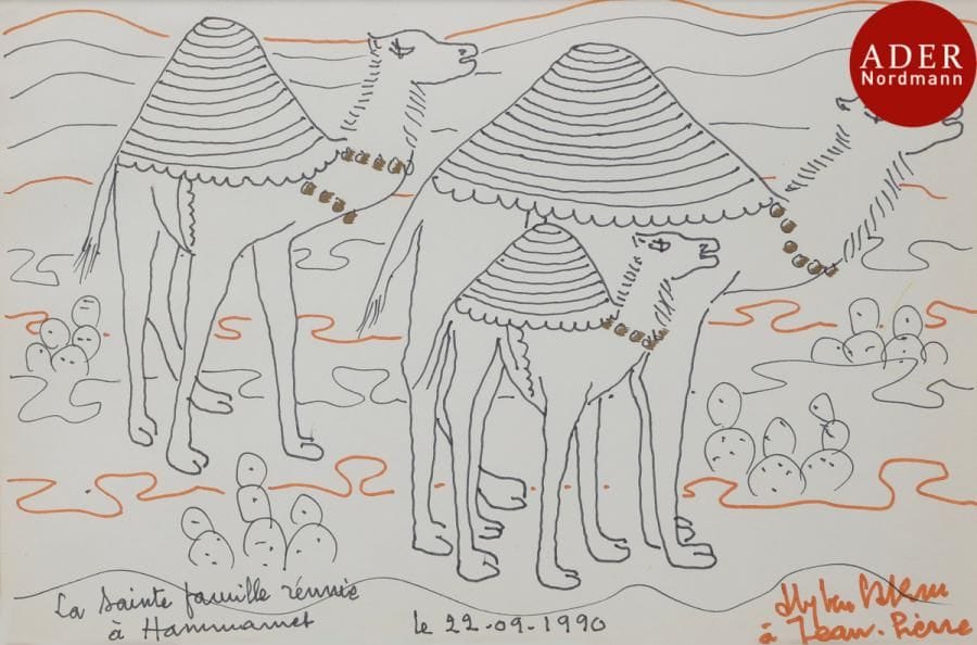 Aly BEN SALEM (1910-2001)
La sainte famille réunie à Hammamet
Encre sur papier.
Titrée, datée, signée et dédicacée en bas.
16 x 24 cm