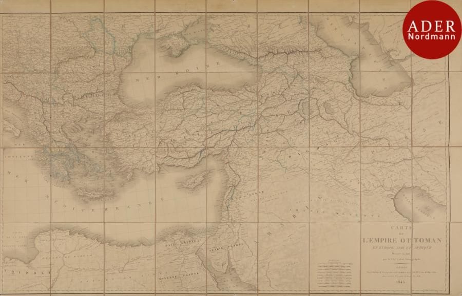 Chevalier LAPIE
Carte de l’Empire ottoman en Europe, Asie et Afrique, Dressée en 1816 par le Ch.er Lapie, géographe du roi, A Paris, chez Ch. Picquet Géographe Ord.er du ROI et de S.A.R.  M.gr le Duc d’ORLEANS, 1845.
Dim. : 111 x 77,5 cm
Le Chevalier Pierre Lapie, (1777-1850) est 1er géographe du roi. 
Provenance : collection parisienne ; voir pages 65 à 71