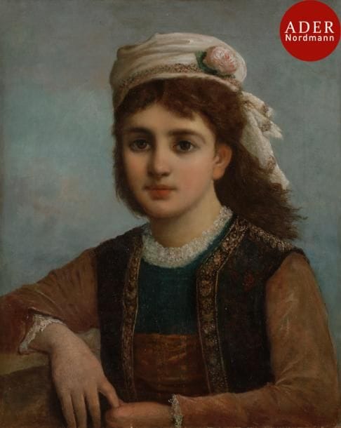 Théodore REH (1845-1918)
Portrait de jeune fille au turban à la rose
Huile sur toile.
Signée en haut à droite.
(Petites restaurations).
49 x 40 cm