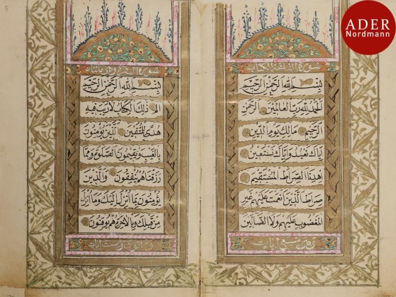 Grand livre de prière, An’am Sharif, Turquie ottomane, signé et daté 1249H. / 1833
Manuscrit sur papier, en arabe et en turc de neuf lignes de texte par page à l’encre noire et rouge en naskhi. Texte orné de points dorés de fin de versets, ainsi que des titres en rouge dans des bandeaux à fils dorés. Frontispices en double page, en polychromie et or, texte inscrit en réserve sur fond doré surmonté d’une large arcature polylobée à fond doré fleuri, ceinturé de palmes dorées. 
L’ouvrage se divise en plusieurs parties contenant : 1. Plusieurs sourates de Coran, 2 et 3. Asma al-Hosnâ et Asma al-Nabî, disposés sur trois colonnes, 4 et 5. Hilyas et les noms d’Ashab al-Nabî, inscrits dans des cercles sur fonds bleu ou rose garnis de rinceaux et encadrés par deux unwân, 6. Seize folios présentant des illustrations religieuses, en polychromie et or, y compris  : Sandale, la main, et vêtements du Prophète, représentations du paradis et de l’enfer, et les traditionnelles représentations de la Mecque et Médine, suivis par 7 et 8. Invocations et prières. 
En bas de la dernière page, le nom du copiste est inscrit dans un cercle en réserve sur fond rose garnis de rinceaux : « Ali al-Marouf Mostafa al-Roshdi, daté 1249H. / 1833 ». Sur la page de garde une dédicace en anglais. Reliure à rabat en cuir grenat, estampé et doré d’une mandorle à appendices et écoinçons garnis de rinceaux 
Dim. reliure : 21 x 16,5 cm
État : quelques folios semi-détachés, un feuillet volant, reliure usée
A prayer book, An’am Sharif, Ottoman, Turkey, signed and dated 1249H. / 1833