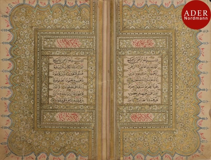 Petit Coran ottoman, signé Seyyed al-Haj Mahmoud al-Niari et daté 1267 H. / 1850
Manuscrit complet en arabe sur papier, à tranche dorée fleurie, en écriture naskhi de quinze lignes par page à l’encre noire et rehauts rouges. Texte orné de petits cercles dorés en fin de versets et accompagné dans les marges de mandorles, de médaillons ou de vases fleuris polychromes et piquetés or marquant les juz et les hizb. Les titres de sourates sont inscrits à l’encre rouge dans des bandeaux dorés à écoinçons fleuris. Beau frontispice en double page richement composé de deux unwân et cartouches verticaux encadrant le texte en réserve sur fond piqueté or bordé d’une frise polylobée agrémentée de fleurettes. Le colophon inscrit dans une mandorle sur un fond doré fleuri donne : « Seyyed al-Haj Mahmoud al-Niari et daté 1267 H. / 1850 ». Reliure cartonnée à rabat en cuir brun peint aux deux ors d’un motif rayonnant dans une mandorle polylobée à palmettes et à écoinçons.
Dim. reliure : 13 x 10 cm
État : salissures, petite déchirure sur le coin en bas du deuxième folio
A small Ottoman Qur’an, signed Seyyed al-Haj Mahmoud al-Niari and dated 1267 H. / 1850