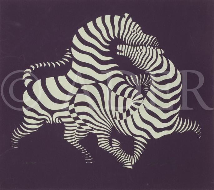 Victor VASARELY [hongrois] (1906-1997)
Zèbre fond mauve
Sérigraphie.
Signée et numérotée sur 175.
26 x 30 cm