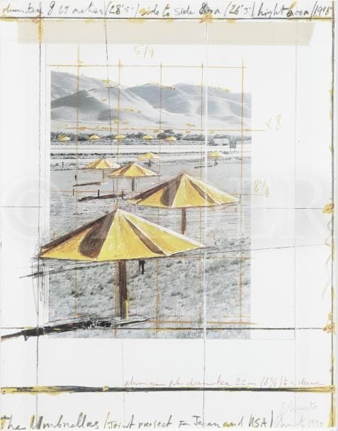 Christo Javacheff, dit CHRISTO (né en 1935)
The Umbrellas, Japan and USA, 1990
Offset.
Signée et datée en bas à droite.
Montée dans une boite en plexiglas.
36 x 28 cm