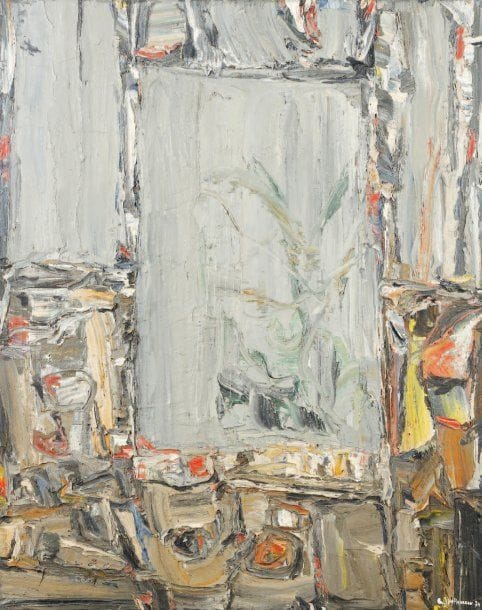Claude JOUHANNEAU
Atelier à la palette, 1974-94. Huile et sable sur toile. Signée et datée en bas à droite. Signée et datée au dos. 92 x 73 cm