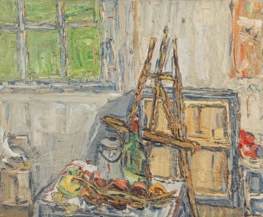 Claude JOUHANNEAU
Coin d'atelier au chevalet, 1976. Huile et sable sur toile. Signée et datée en bas à droite. Signée et titrée au dos. 54 x 65 cm