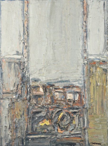 Claude JOUHANNEAU
Atelier à la fenêtre, circa 1976. Huile et sable sur toile. Signée en bas à droite. Signée au dos. 80 x 60 cm