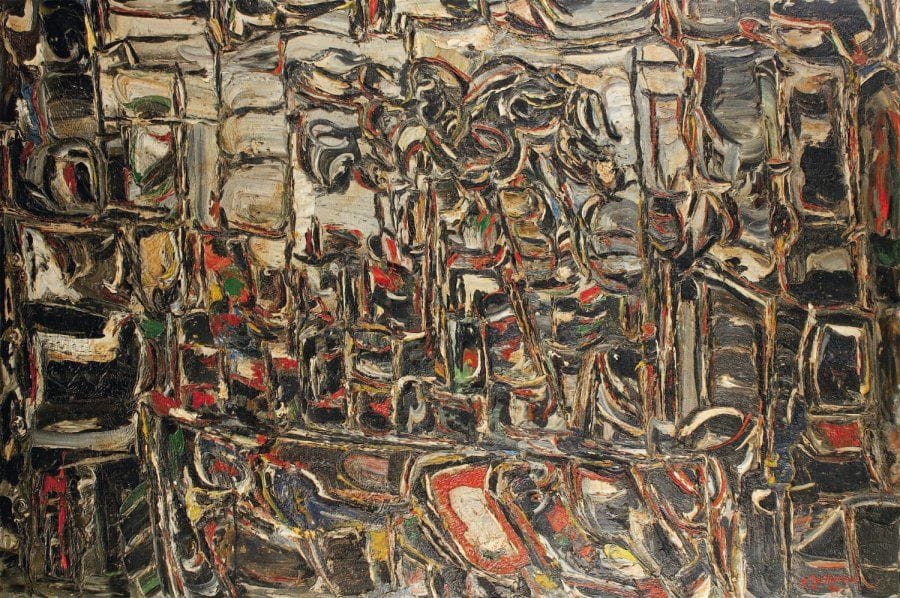 Claude JOUHANNEAU
Paysage à la fenêtre, 1977. Huile et sable sur toile. Signée et datée en bas à droite. 121 x 180 cm