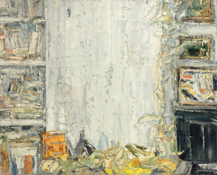 Claude JOUHANNEAU
Atelier à la nature morte, 1979. Huile et sable sur toile. Signée et datée en bas à droite. Signée au dos. 81 x 100 cm