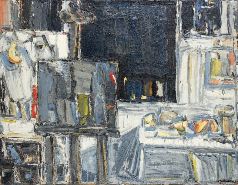 Claude JOUHANNEAU
Verrières de l'atelier la nuit, 1980. Huile et sable sur toile. Signée et datée en bas à droite. Signée et titrée au dos. Etiquette «Kafac», Salon 1995. 89 x 115 cm