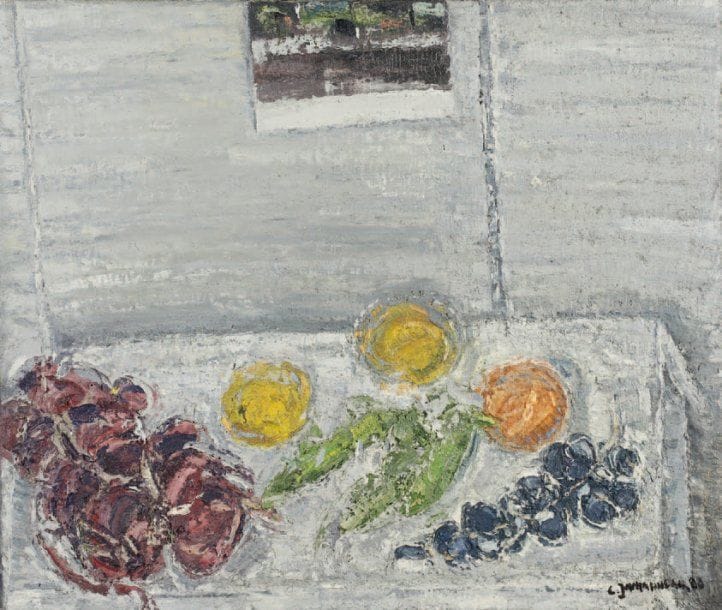 Claude JOUHANNEAU
Nature morte aux fruits, 1980. Huile et sable sur toile. Signée et datée en bas à droite. 54 x 65 cm
