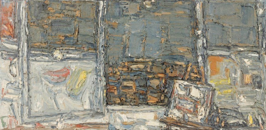 Claude JOUHANNEAU
Atelier au chevalet, circa 1980. Huile et sable sur toile. Non signée. 40 x 80 cm
