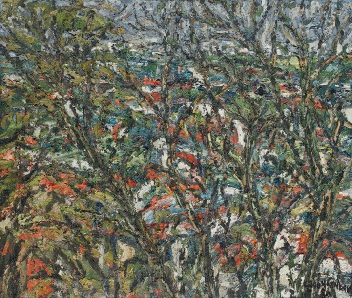 Claude JOUHANNEAU
Paysage aux arbres, 1980-92. Huile et sable sur toile. Signée et datée en bas à droite. Signée et datée au dos. 38 x 46 cm