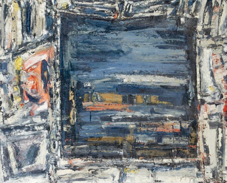 Claude JOUHANNEAU
Atelier à la fenêtre, circa 1985. Huile et sable sur toile. Signée en bas à droite. 81 x 100 cm