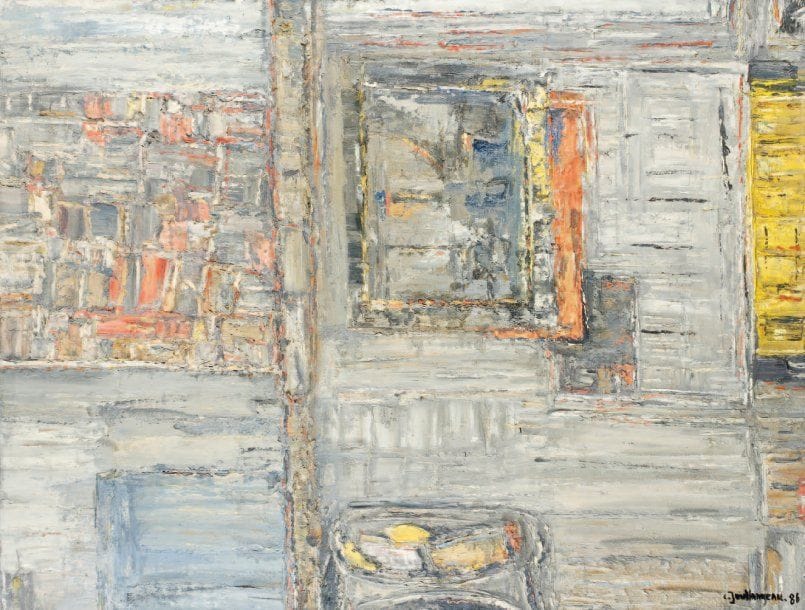 Claude JOUHANNEAU
Atelier au miroir, 1986-95. Huile et sable sur toile. Signée et datée en bas à droite. Signée et datée au dos. 95 x 116 cm