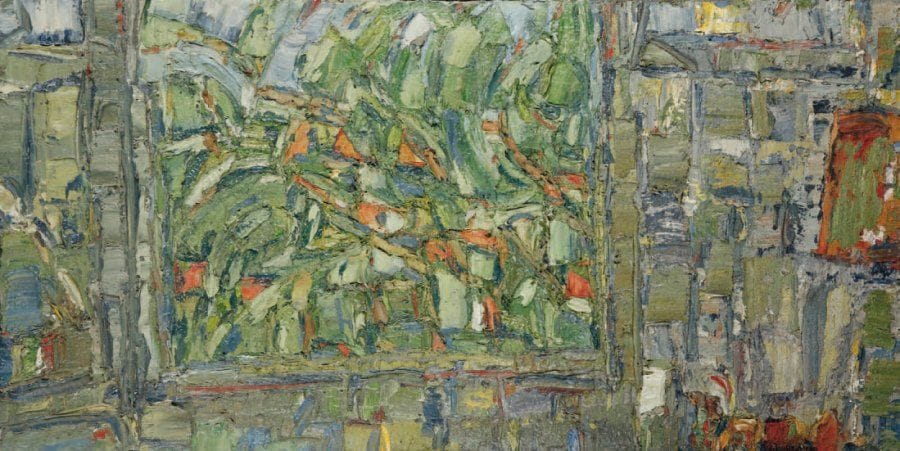 Claude JOUHANNEAU
Paysage par la fenêtre, 1995. Huile et sciure sur toile. Signée en bas à droite. Signée et datée au dos. 40 x 80 cm