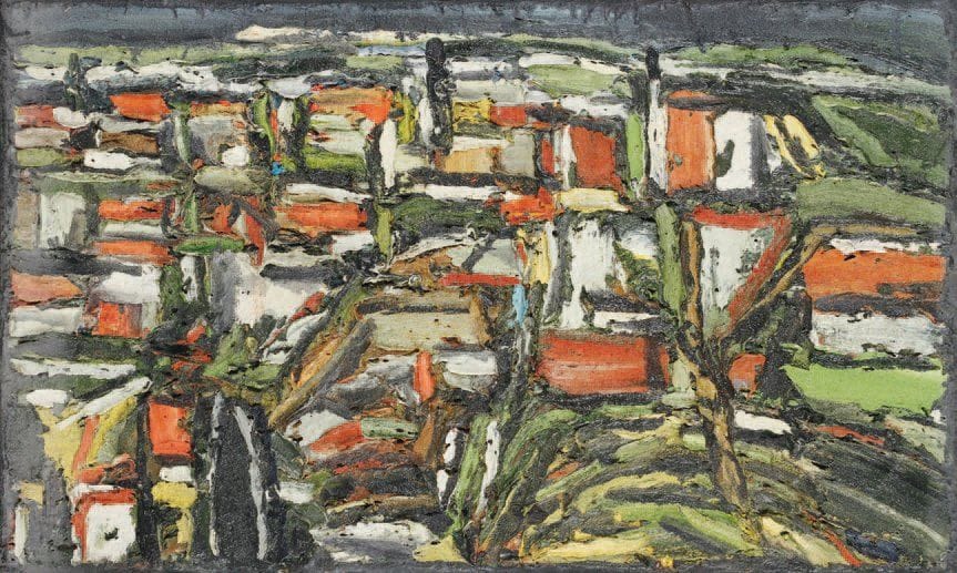 Claude JOUHANNEAU
Toits, 1999. Huile et sable sur toile. Signée et datée au dos. 26 x 46 cm