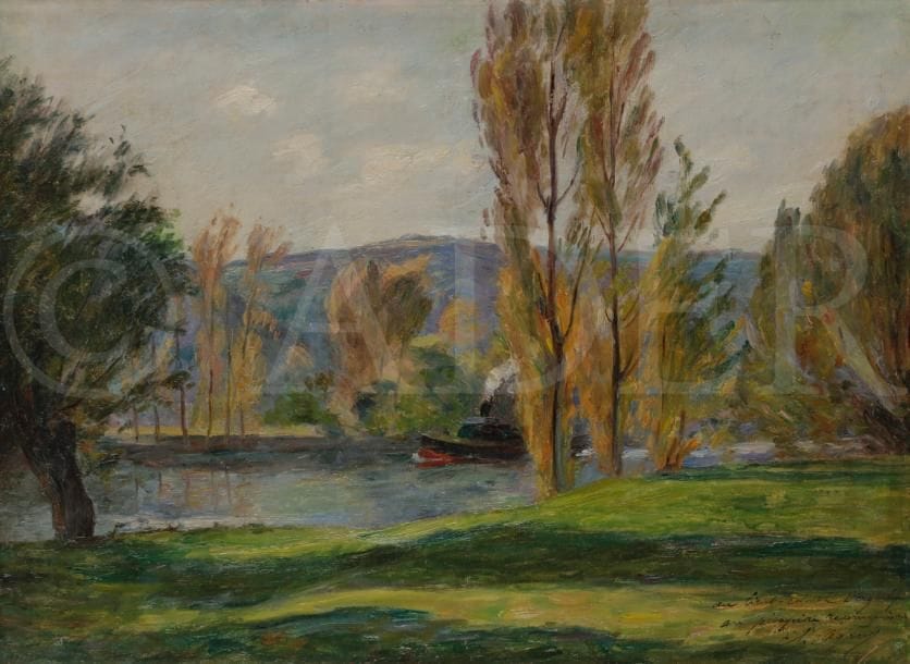 Charles Jean AGARD (1866-1950)
Bateau sur la rivière
Huile sur toile.
Signée et dédicacée en bas à droite.
(Restaurations).
33 x 46 cm