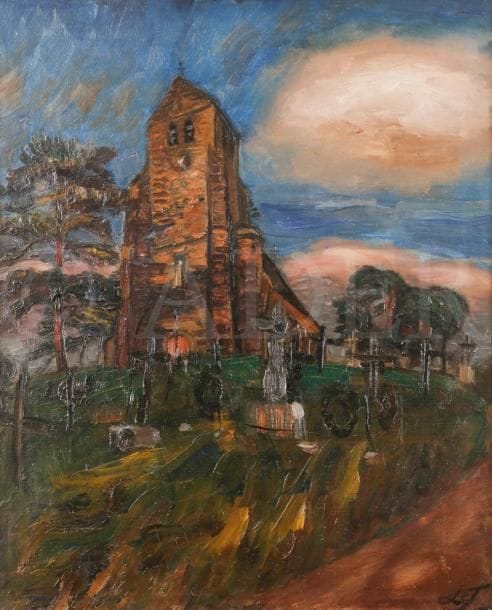 Henri LE FAUCONNIER (1881-1946)
Cimetière de Grosrouvres, 1927
Huile sur toile.
Monogrammée en bas à droite.
73 x 60 cm
Provenance : 
Ancienne collection Pierre Vorms, Paris.
Exposition : 
- Le Fauconnier, paysage, galerie Joseph Billet, 1928, n°10 (étiquette au dos).
- Le Fauconnier et Henry Paraye, Otto Vaenius House, Anvers, 1929, n°6.
- Le Fauconnier, galerie Tannhauser, Berlin, 1929, n°5.