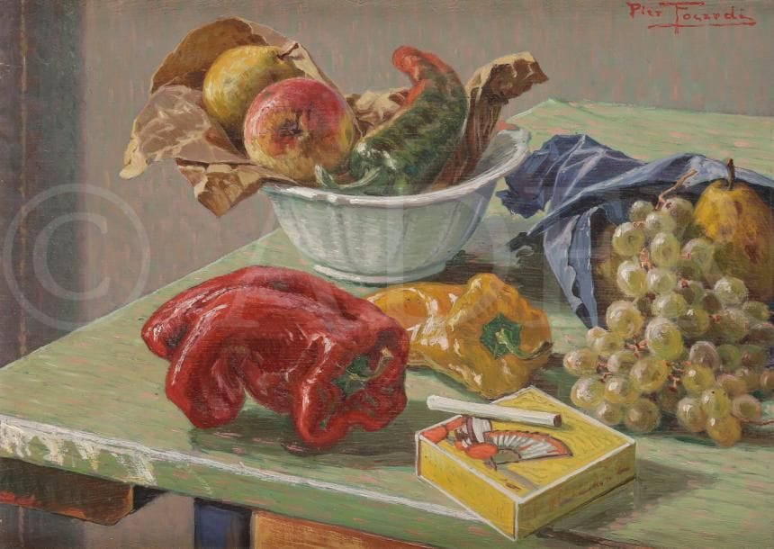 Piero FOCARDI (1889-1945)
Fruits sur la table de cuisine, 1940
Huile sur panneau.
Signée en haut à gauche.
Signée, datée et titrée au dos.
26.5 x 34.5 cm