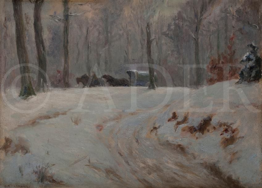 Alfred Victor FOURNIER (1872-1924)
Roulotte sous la neige
Huile sur toile.
Signée en bas à gauche.
33.5 x 46 cm