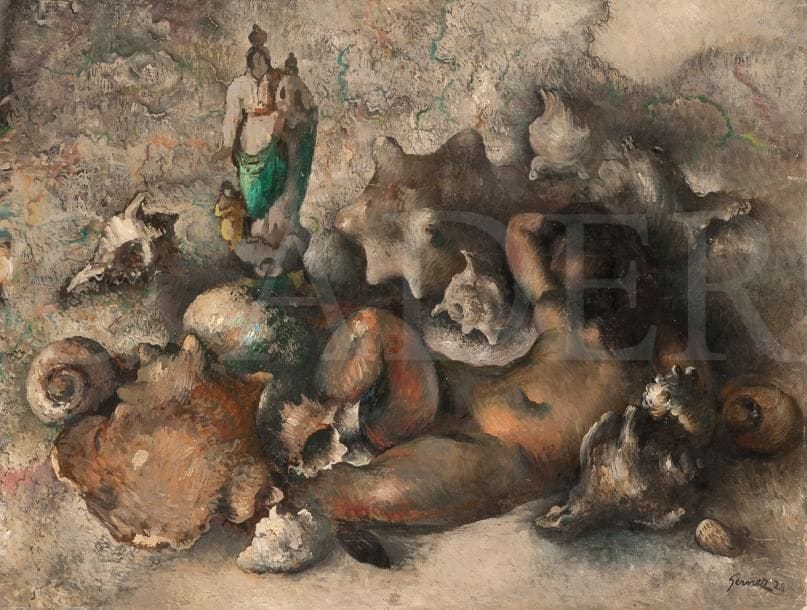 Paul-Elie GERNEZ (1888-1948)
Allégorie de la mer, 1928
Huile sur carton.
Signée et datée en bas à droite.
Composition au dos.
64 x 82.5 cm