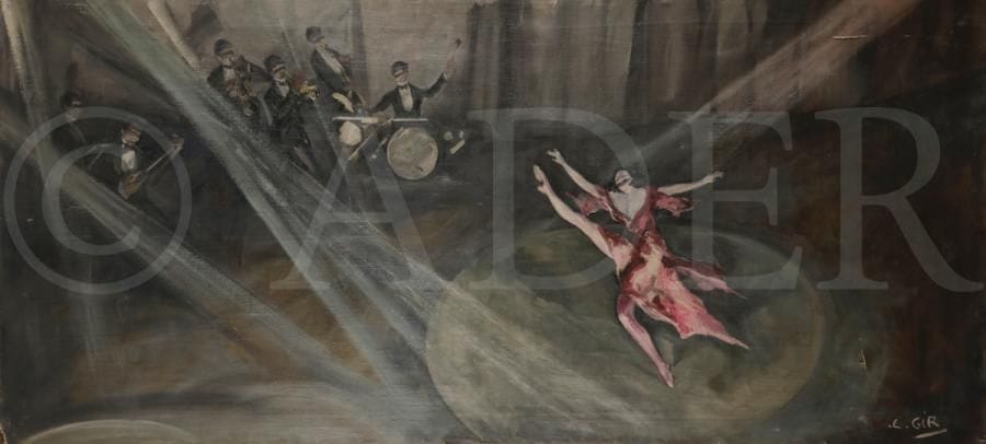Charles Félix GIR (1883-1941)
Scène de Music-Hall
Huile sur toile.
Signée en bas à droite.
(Accidents et restaurations).
89 x 200 cm