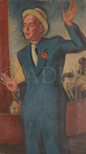 Roger GUIT (1899-?)
Charles Trenet à L’Européen, vers 1938
Huile sur panneau.
Signée en bas à gauche.
Titrée en bas à droite.
Au dos : Rina Ketty à l’Européen.
101 x 57 cm