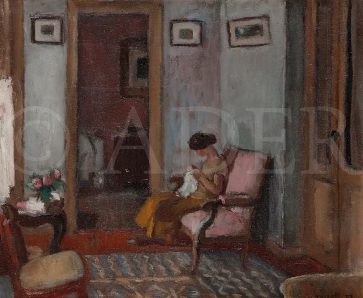 Willem VAN HASSELT (1882-1963)
Louise tricote, 1923
Huile sur toile.
Signée et datée en bas à droite.
38 x 46 cm