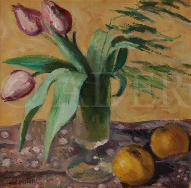 Willem VAN HASSELT (1882-1963)
Verre de fleurs et fruits
Huile sur carton.
Signée en bas à gauche.
30 x 30 cm