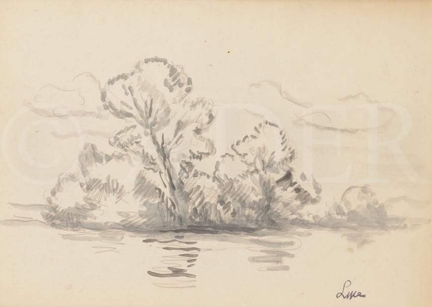 Maximilien LUCE (1858-1941)
Paysage lacustre
Dessin au fusain et aquarelle.
Porte le timbre de la signature en bas à droite.
19 x 26 cm