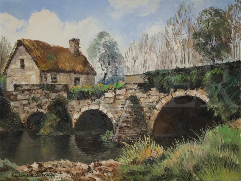 Paul-Émile PISSARRO (1884-1972)
Le Vieux pont, route de Bayeux
Huile sur toile.
Signée en bas à droite.
Signée et titrée au dos.
46 x 61 cm