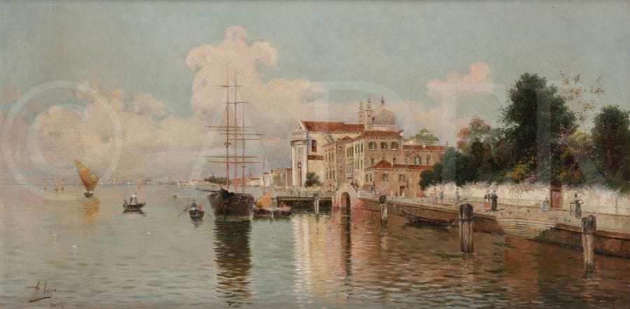 Antonio REYNA MANESCAU (1859-1937)
Venise, bateaux sur le Canal de la Giudecca près de l’église Sainte-Marie-du-Rosaire
Huile sur toile.
Signée et située « Venezia » en bas à gauche.
38 x 77 cm