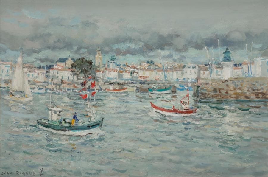 Jean RIGAUD (1912-1999)
L’Île d’Yeu, Port-Joinville
Huile sur toile.
Signée en bas à gauche.
Signée et titrée au dos.
38 x 55 cm