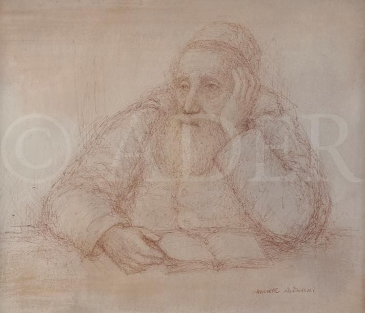 Marek RUDNICKI (1927-2004)
Rabbin pensif
Encre sépia.
Signée en bas à droite.
28.5 x 33.5 cm