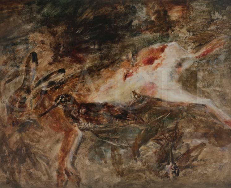 Guido TALLONE (1894-1967)
Nature morte au lièvre et bécasses, 1933
Huile sur panneau.
Signée et datée en bas à droite.
67.8 x 78.7 cm