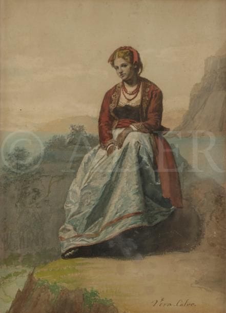 Juan Antonio VERA Y CALVO (1825-1905)
Jeune fille au collier de corail
Aquarelle
Signée en bas à droite.
30 x 40 cm