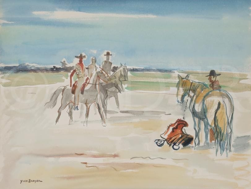Yves BRAYER (1907-1990)
Gardians en Camargue, 1956
Aquarelle.
Signée en bas à gauche.
Inscriptions au dos de l’encadrement.
48 x 63 cm

Nous remercions Monsieur Olivier Brayer pour les informations qu’il nous a transmises.
Cette œuvre est répertoriée dans les Archives Yves Brayer sous le numéro K0175.