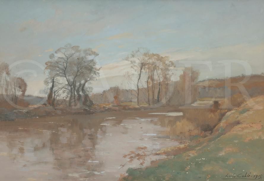 Louis CABIE (1853-1939)
Rivière au grand ciel,1915
Gouache.
Signée et datée en bas à droite.
34 x 47 cm